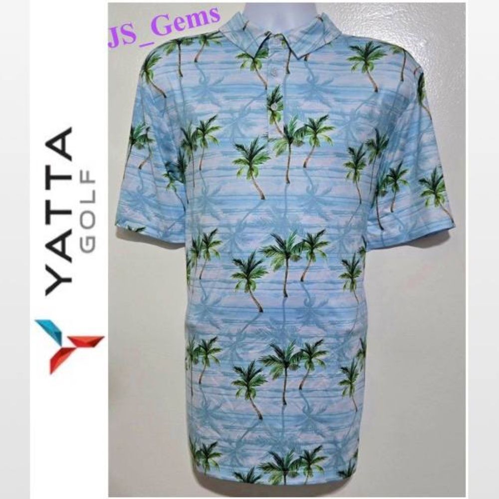 Yatta Golf Mens Polo Top Blue White Hawaiian Palm Trees XL Athletic Fit